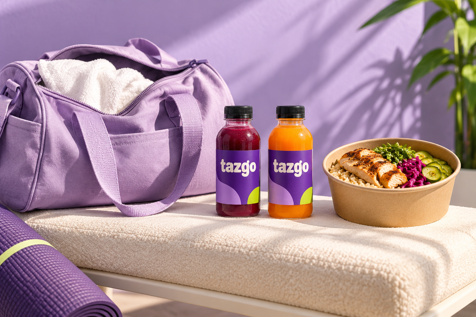 Tazgo products beside a lavender gym bag, AI concept